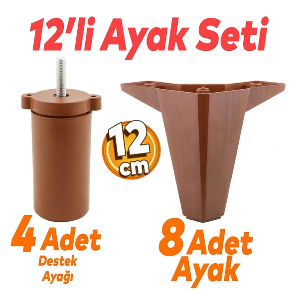 Sedir 12'li Set Mobilya Koltuk Kanepe Baza Tv Ünitesi Çekyat Destek Ayağı 12 Cm Kahverengi Ayakları ürün görseli 1
