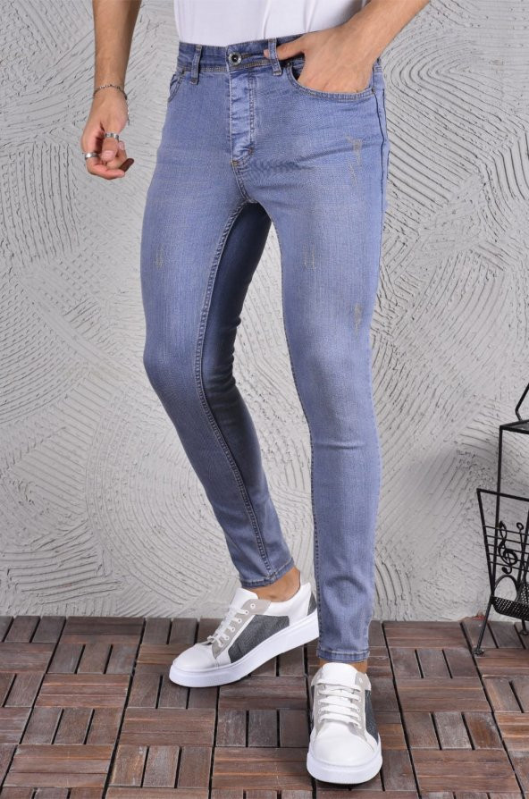Erkek Jeans Skinny Fit Likralı Açık Mavi Dar Paça Tırnaklı Kot Pantolon ürün görseli 1