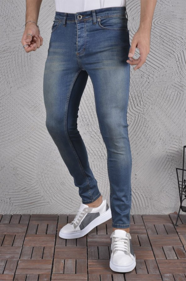 Erkek Jeans Skinny Fit Likralı Mavi Dar Paça Tırnaklı Kot Pantolon ürün görseli 1