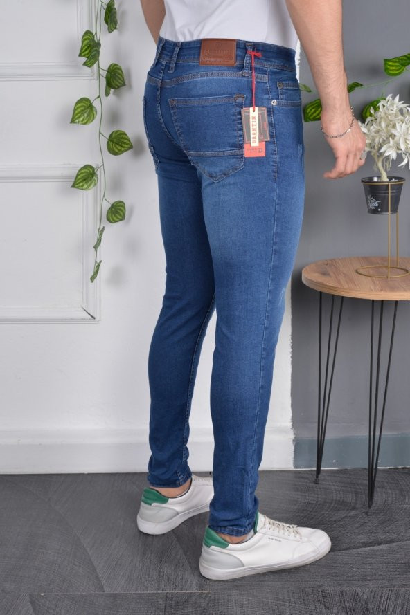 Erkek Jeans Slim Fit Likralı Dar Paça Tırnaklı Mavi Kot Pantolon ürün görseli 1