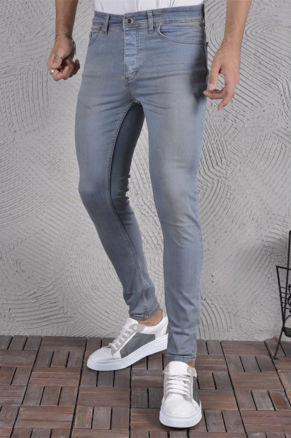 Erkek Jeans Skinny Fit Likralı Açık Mavi Eskitilmiş Görünümlü Dar Paça Kot Pantolon ürün görseli 1