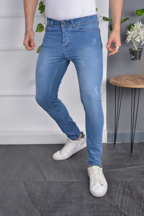 Erkek Slim Fit Likralı Mavi Dar Paça Tırnaklı Esnek Jean Kot Pantolon ürün görseli 1