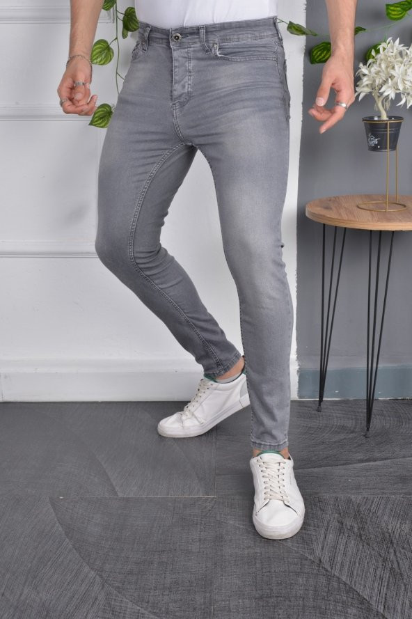 Erkek Jeans Skinny Fit Likralı Eskitilmiş Görünümlü Gri Dar Paça Kot Pantolon ürün görseli 1