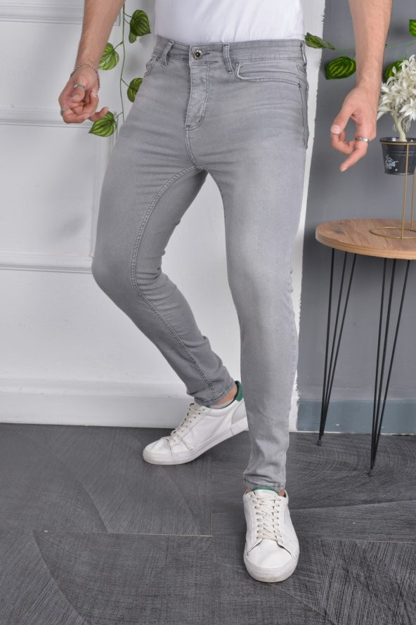Erkek Jeans Skinny Fit Likralı Açık Gri Dar Paça Kot Pantolon ürün görseli 1