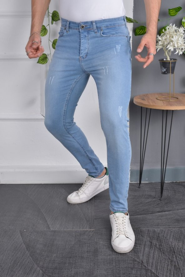 Erkek Jeans Skinny Fit Likralı Açık Mavi İtalyan Stil Dar Paça Tırnaklı Kot Pantolon ürün görseli 1