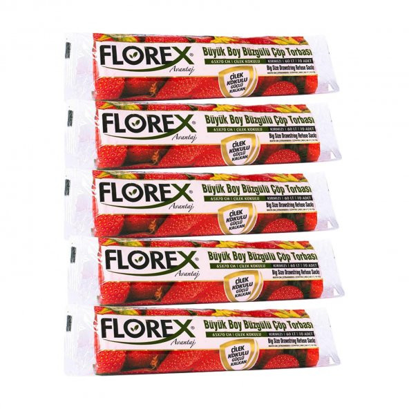 Florex 60 Litre Büzgülü Çilek Kokulu Çöp Torbası Poşeti / 65 x 70 Cm. - 10x5 Rulo / Paket ürün görseli 1