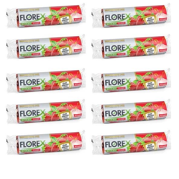 Florex 60 Litre Büzgülü Çilek Kokulu Çöp Torbası Poşeti / 65 x 70 Cm. - 10x10 Rulo / Paket ürün görseli 1