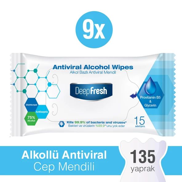 Deep Fresh Alkollü Antiviral Islak Cep Mendili 9 x 15 Yaprak ürün görseli 1