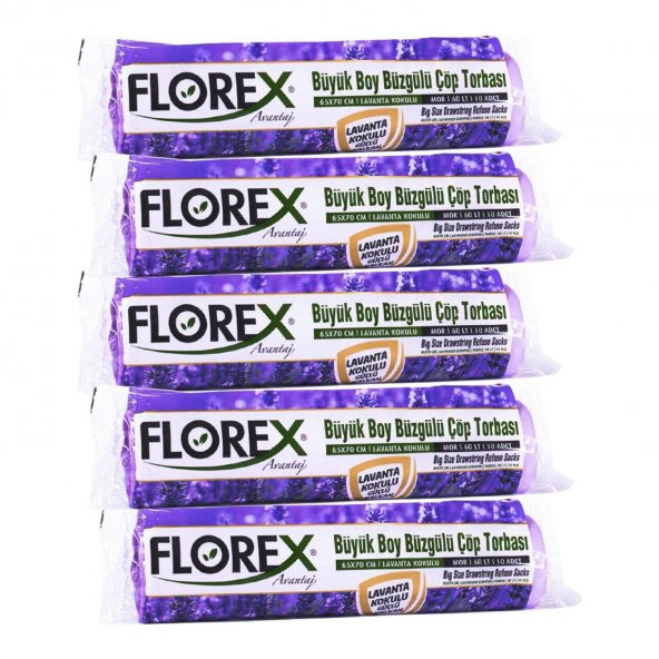 Florex 60 Litre Büzgülü Lavanta Kokulu Çöp Torbası Poşeti / 65 x 70 Cm. - 10x5 Rulo / Paket ürün görseli 1
