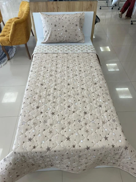 Tek Kişilik Çift Taraflı Kapitone Yatak Örtüsü Seti-BEJ - Resim 3