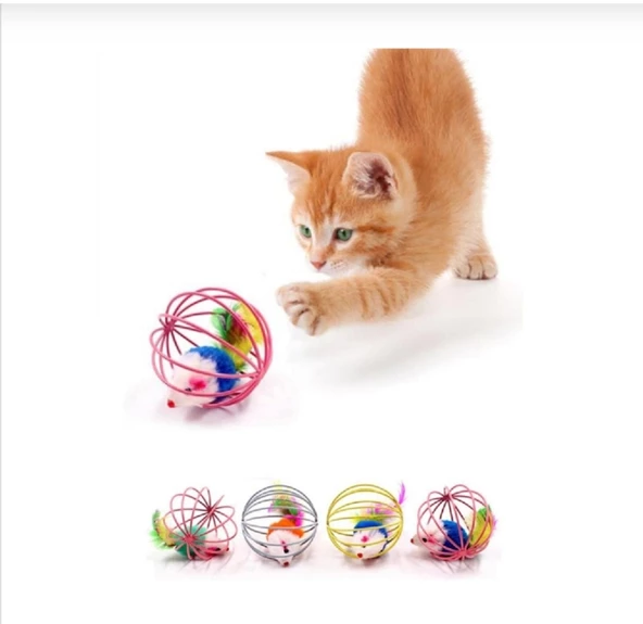 Peluş Fareli Tel Kafesli Kedi Oyuncak 6 cm ürün görseli 1