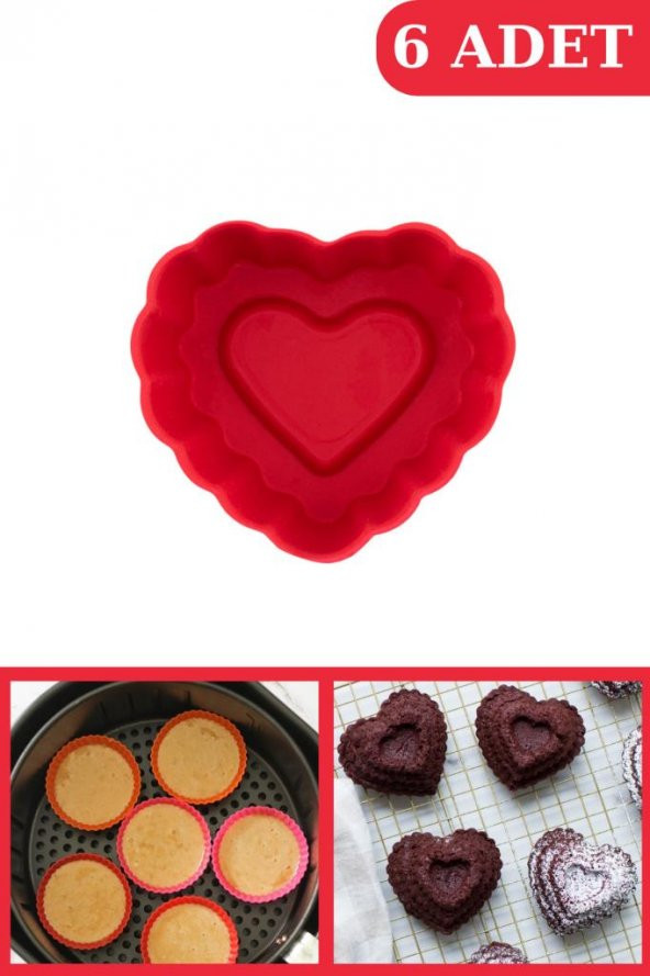 Onikiden Silicolife Airfryer Silikon Kalp Muffin Kek Kalıbı 6’lı- Tüm Hava Fritözleriyle Uyumlu SL11 ürün görseli 1