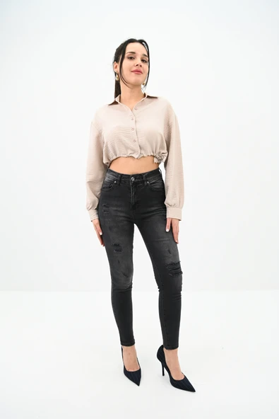 Kadın Yüksek Bel Yırtmaçlı Füme Jean Pantolon 6190-23 ürün görseli 1