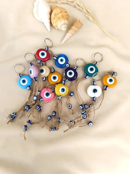 Nazar Boncuk Anahtarlık 10 Adet Kötü Göz Kovucu Nazar Hand Made Hasır Renkli Boncuklu Nazarlı Anahtarlık ürün görseli 1