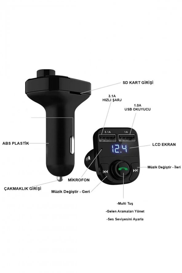 Pro X8 Araç Fm Transmitter 5.0 Bluetooth Araç Kiti Usb Mp3 Sd Kart Çakmaklık Girişli Araba Oto Teyp ürün görseli 1