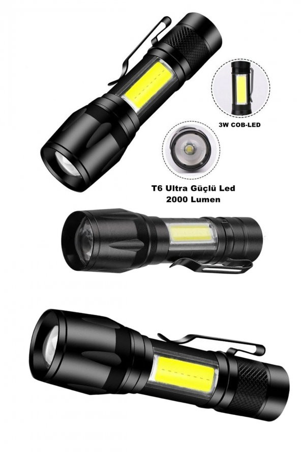 Ultra Çift Yönlü Güçlü Pilli Led El Feneri 2000 Lumen 6w Cob Led Su Geçirmez Zoomlu 3 Modlu ürün görseli 1