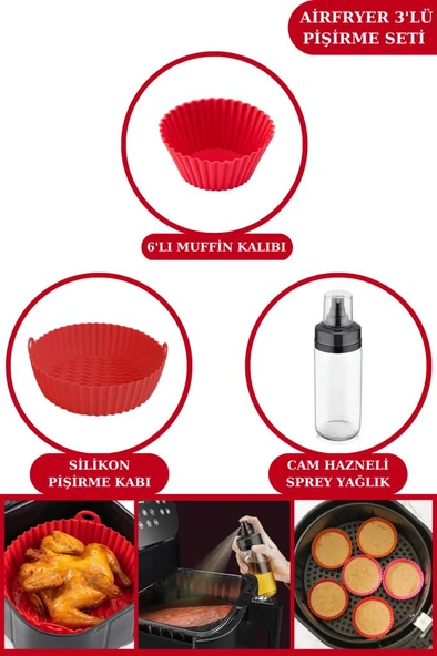 Silicolife Airfryer Pişirme Kabı, 6’lı Muffin Kek Kalıbı ve Sprey Cam Yağlık- Tüm Fritözlerle Uyumlu ürün görseli 1