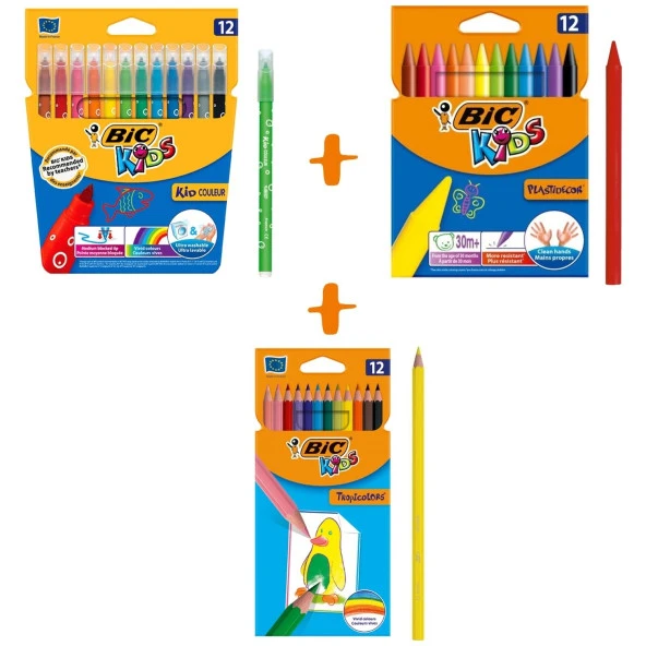 Bic Boyama Seti Kuru Boya 12li + Keçeli Boya 12li + Mum Pastel Boya 12li ürün görseli 1