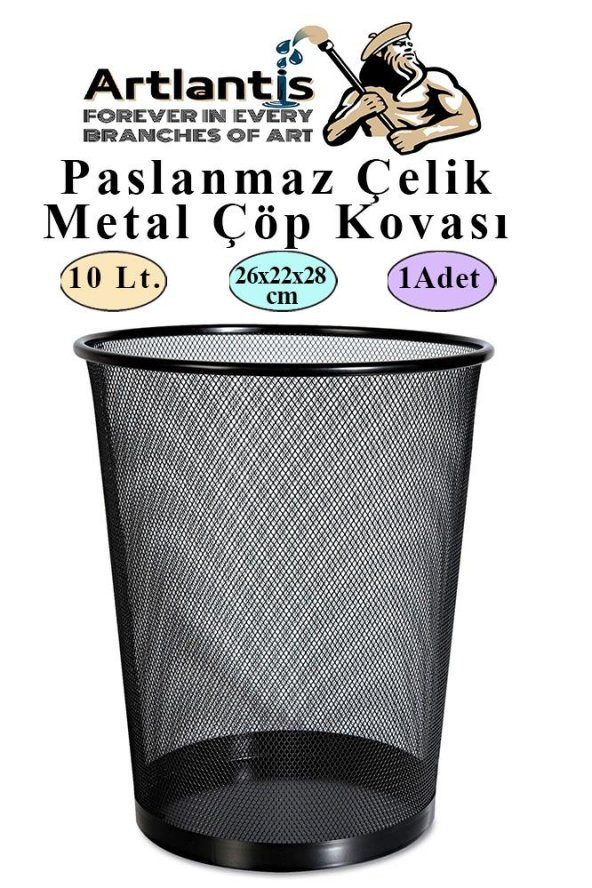 Çöp Kovası Paslanmaz Çelik Siyah Fileli 1 Adet Ofis Büro Okul vb.Çöp Kovası Metal Delikli Kolay Kullanım ürün görseli 1