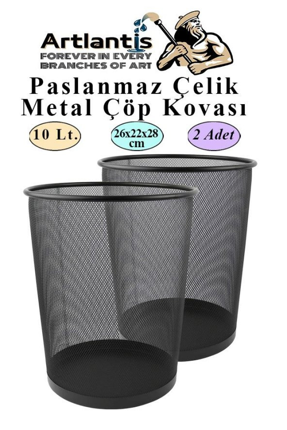 Çöp Kovası Paslanmaz Çelik Siyah Fileli 2 Adet Ofis Büro Okul vb.Çöp Kovası Metal Delikli Kolay Kullanım ürün görseli 1