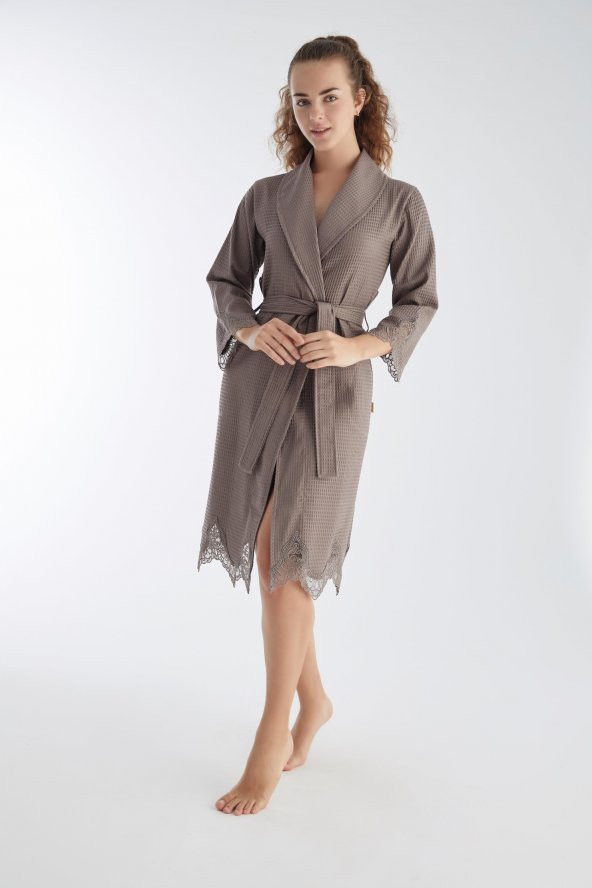 Kısa Dantelli Pike Bambu Cotton Bayan Sabahlık - Resim 2