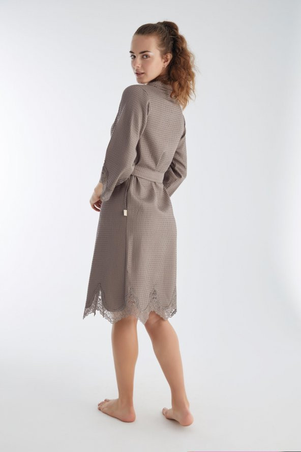 Kısa Dantelli Pike Bambu Cotton Bayan Sabahlık - Resim 5