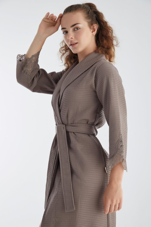 Kısa Dantelli Pike Bambu Cotton Bayan Sabahlık - Resim 6