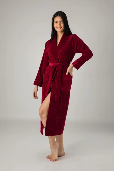 Uzun Şalyaka Jakarlı Bambu Cotton Bayan Sabahlık - Resim 3