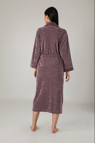 Uzun Şalyaka Jakarlı Bambu Cotton Bayan Sabahlık - Resim 2