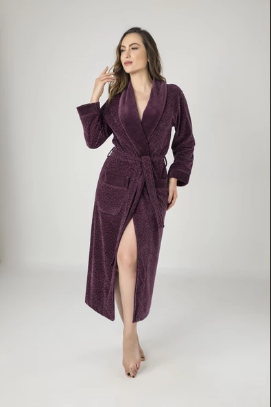 Uzun Şalyaka Jakarlı Bambu Cotton Bayan Sabahlık - Resim 5