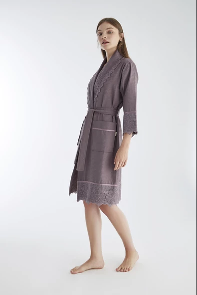Kısa Dantelli Pike Bambu Cotton Bayan Sabahlık - Resim 4