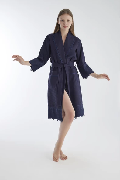 Kısa Dantelli Pike Bambu Cotton Bayan Sabahlık - Resim 8