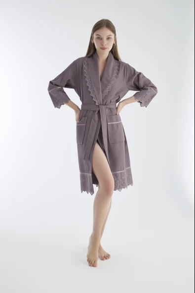 Kısa Dantelli Pike Bambu Cotton Bayan Sabahlık - Resim 2