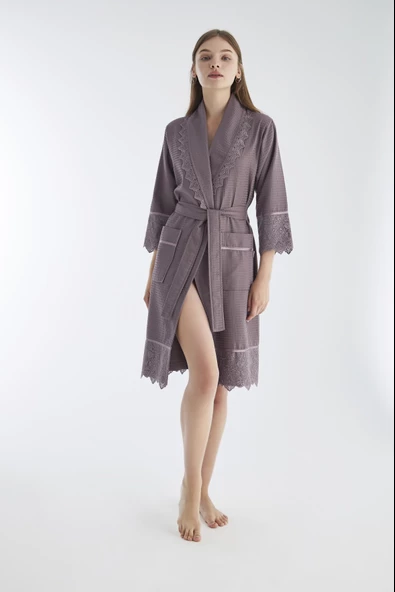 Kısa Dantelli Pike Bambu Cotton Bayan Sabahlık ürün görseli 1