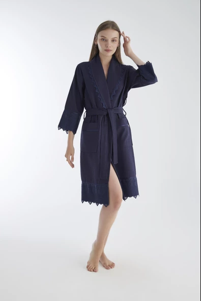 Kısa Dantelli Pike Bambu Cotton Bayan Sabahlık - Resim 7