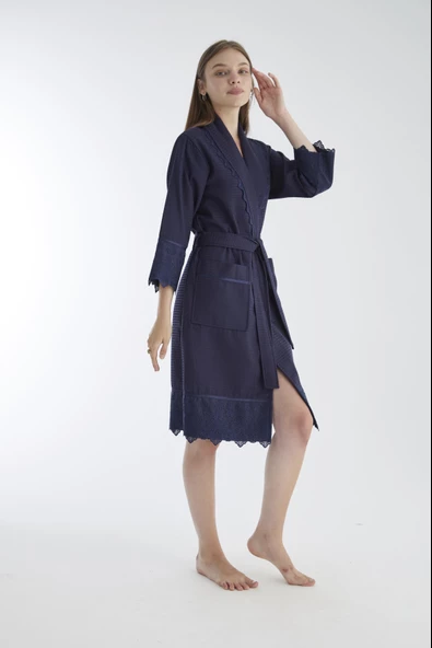 Kısa Dantelli Pike Bambu Cotton Bayan Sabahlık - Resim 10