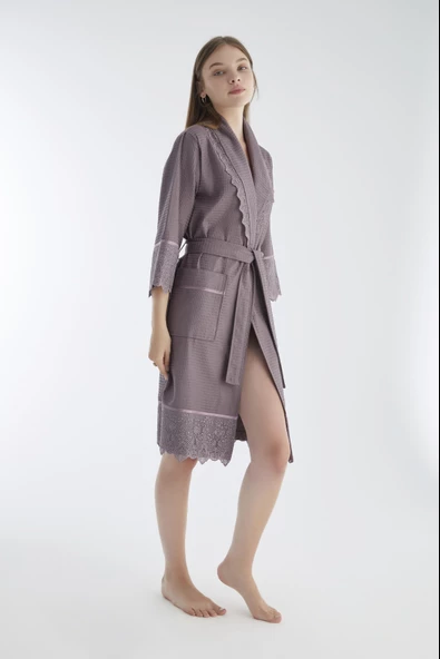 Kısa Dantelli Pike Bambu Cotton Bayan Sabahlık - Resim 5