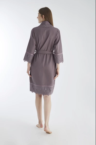 Kısa Dantelli Pike Bambu Cotton Bayan Sabahlık - Resim 6