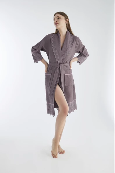 Kısa Dantelli Pike Bambu Cotton Bayan Sabahlık - Resim 3