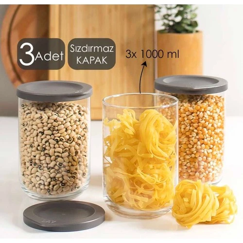 Lav duo saklama kabı 3 lü - cam kavanoz erzak saklama kabı seti takımı gri 1000 ml. ürün görseli 1