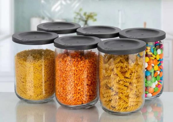 Lav duo saklama kabı 6 lı - cam kavanoz erzak saklama kabı seti takımı gri 1000 ml. ürün görseli 1