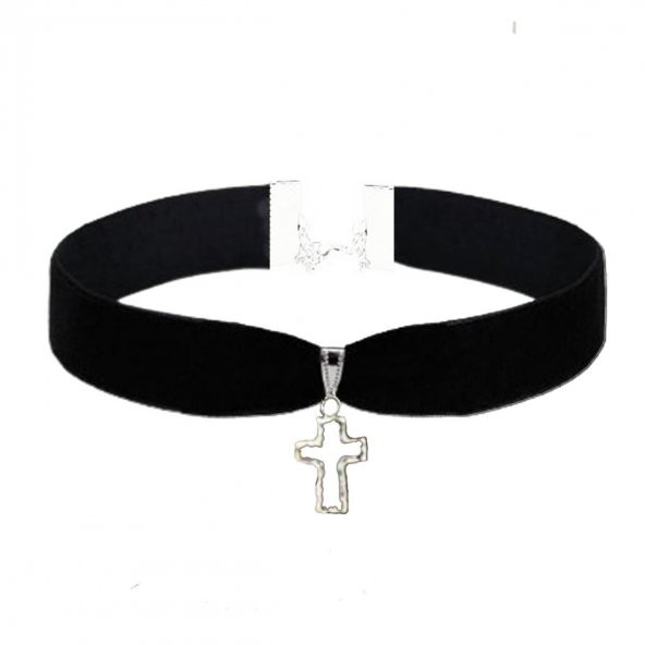 Siyah Renk Kadife Kadın Haç Choker Tasma Kolye ürün görseli 1