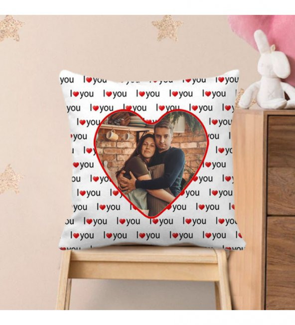Kişiye Özel Baskılı I Love You Kalp Desen Yastık 37 cm ürün görseli 1