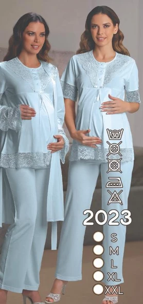 Nehirsel 2023 Mavi Hamile Lohusa 3 Lü Pijama Sabahlık Tk ürün görseli 1