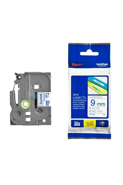 BROTHER TZ-223 MAVİ ÜZERİNE BEYAZ LAMİNE ETİKET 9 mm ürün görseli 1