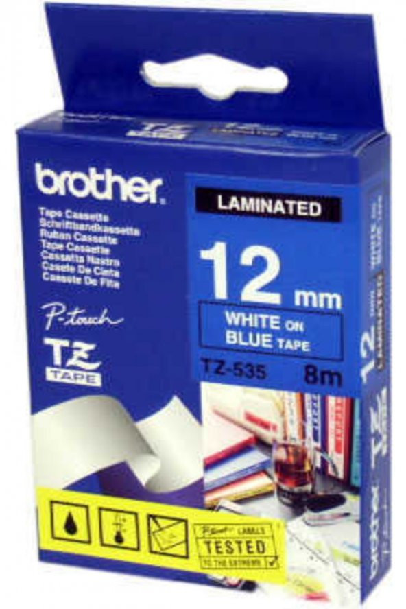 BROTHER TZ-535 MAVİ ÜZERİNE BEYAZ LAMİNE ETİKET 12 mm ürün görseli 1