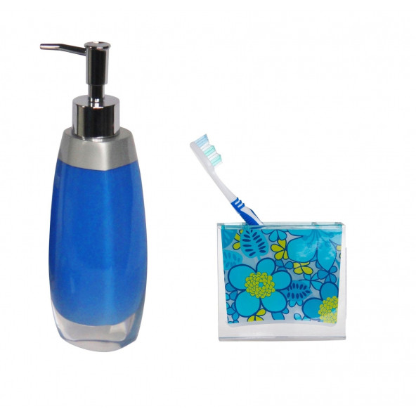 ZBOSP-C214 SIVI SABUNLUKDİŞ FIRÇALIK 2 Lİ BANYO SETİGRİ MAVİ VE ÇİÇEKLİ ürün görseli 1