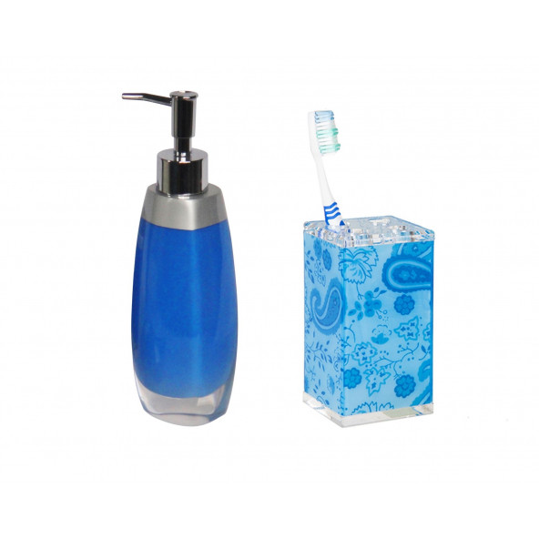 ZBOSP-C215 SIVI SABUNLUKDİŞ FIRÇALIK 2 Lİ BANYO SETİGRİ MAVİ VE ÇİÇEKLİ ürün görseli 1