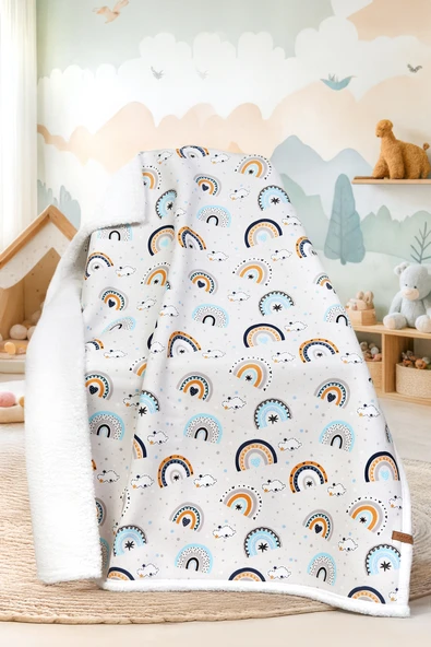 Fluffy Bebek Battaniyesi 80x100 Cm Gök Mavi Kundak Puset Çift Taraflı Koyun Tüyü Battaniye 100x80 ürün görseli 1