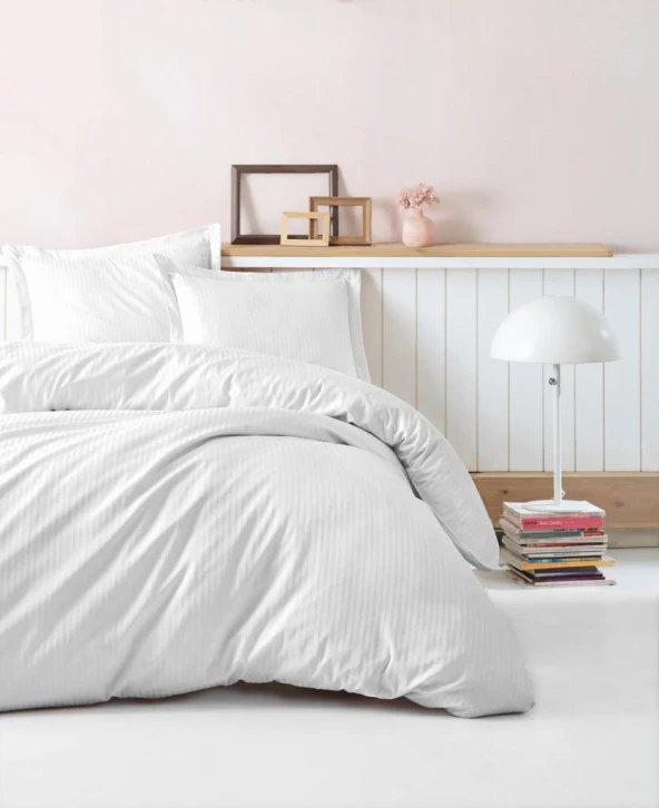 Cotton Box Elegant Stripe Saten Çift Kişilik Nevresim Takımı Beyaz ürün görseli 1